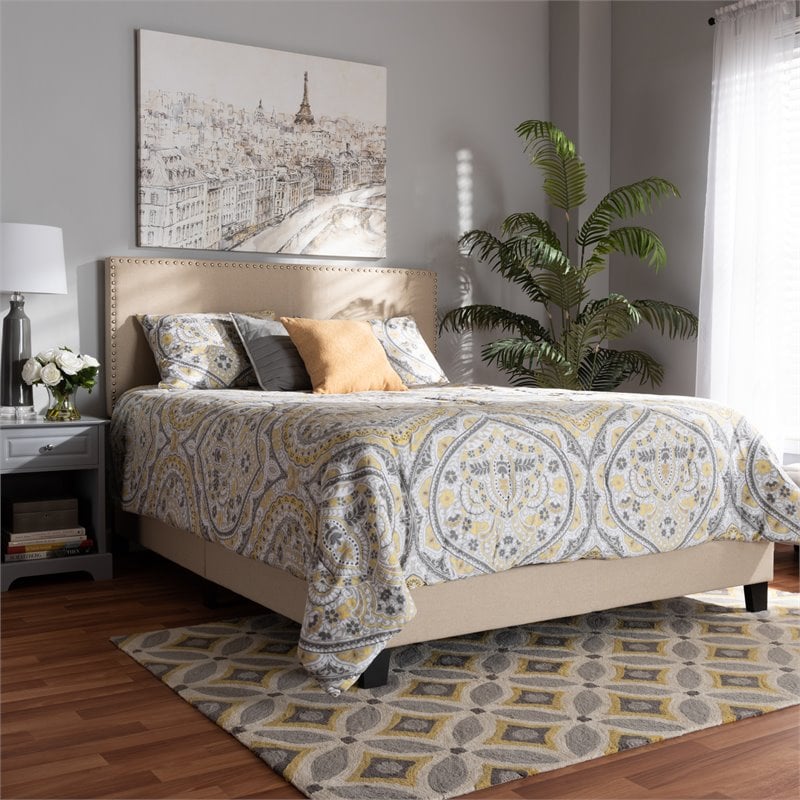 Bowery Hill Full Size Beige Linen Panel Bed with Nailhead Trim