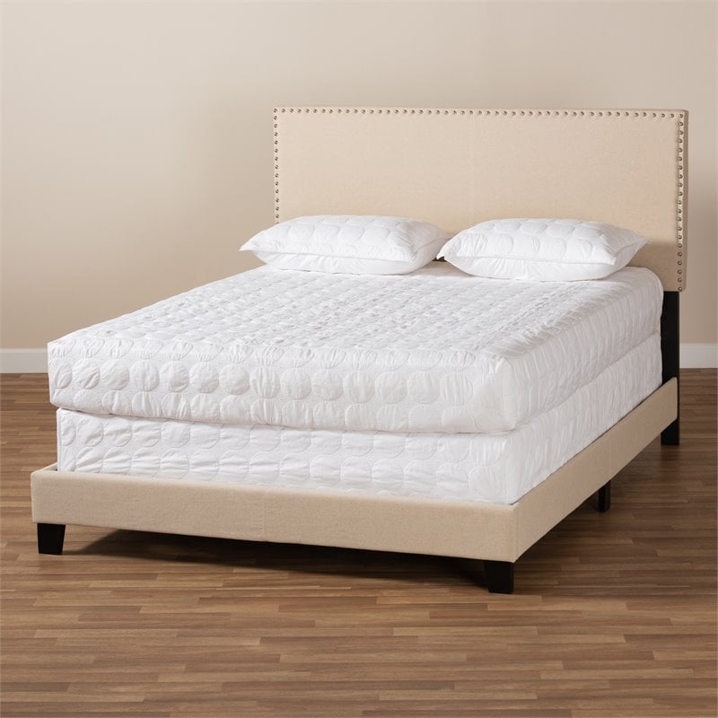 Bowery Hill Full Size Beige Linen Panel Bed with Nailhead Trim