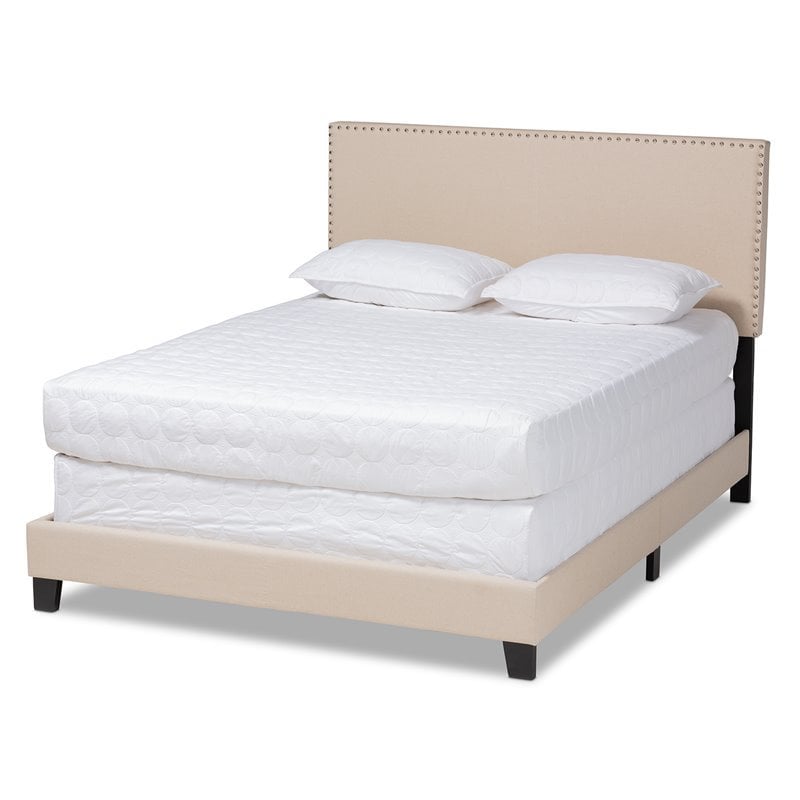Bowery Hill Full Size Beige Linen Panel Bed with Nailhead Trim