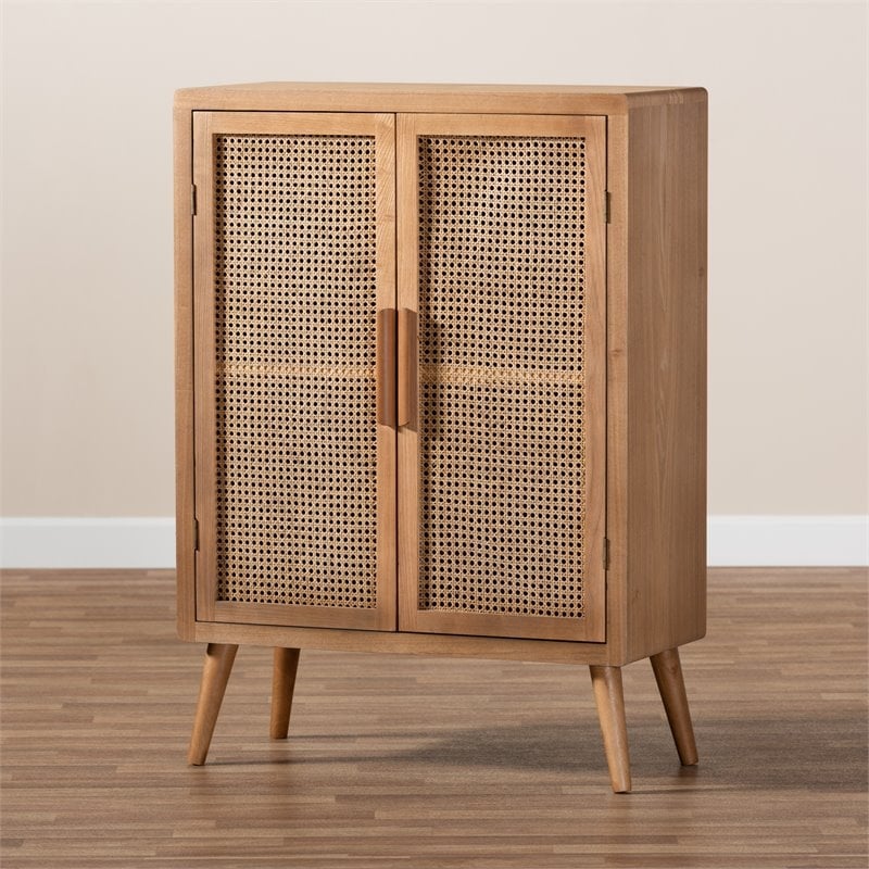 Bowery Hill Mid-Century 2-Door Wood/Rattan Storage Cabinet in Oak