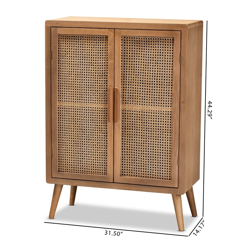 Bowery Hill Mid-Century 2-Door Wood/Rattan Storage Cabinet in Oak