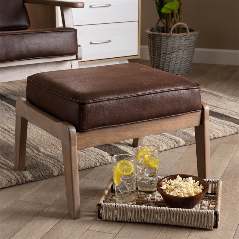Bowery Hill Dark Brown Faux Leather Upholstered Oak Wood Ottoman
