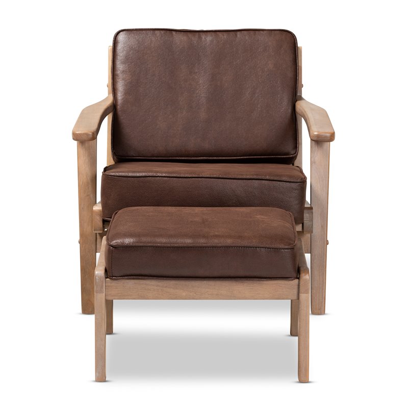 Bowery Hill Dark Brown Faux Leather Oak Armchair and Ottoman Set