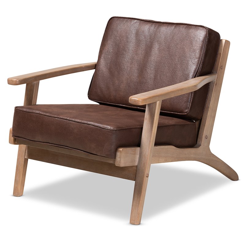 Bowery Hill Dark Brown Faux Leather Oak Armchair and Ottoman Set