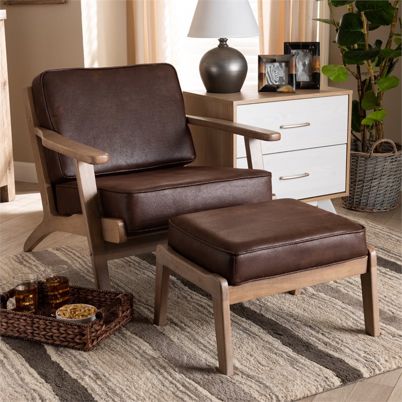 Bowery Hill Dark Brown Faux Leather Oak Armchair and Ottoman Set
