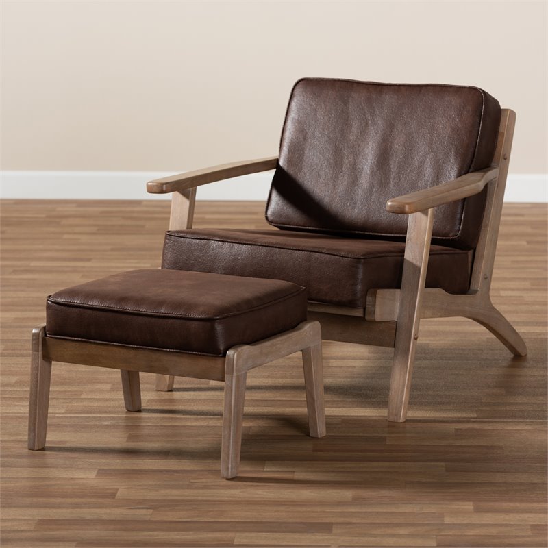 Bowery Hill Dark Brown Faux Leather Oak Armchair and Ottoman Set