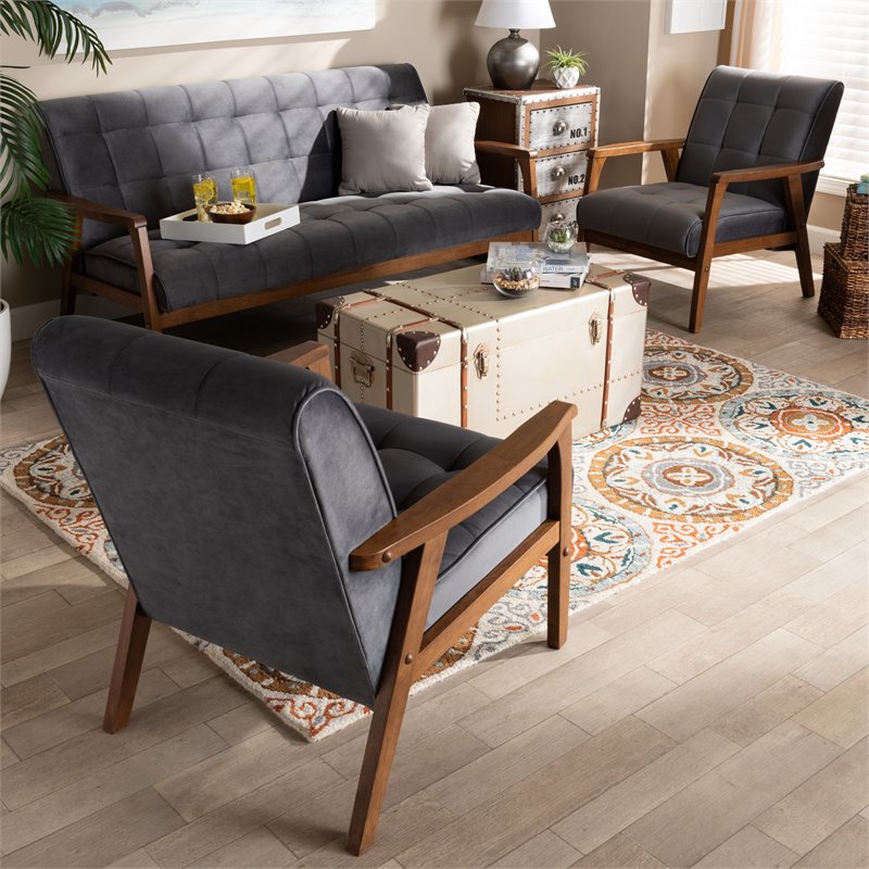 Bowery Hill Grey Velvet Upholstered Wood 3-Piece Living Room Set