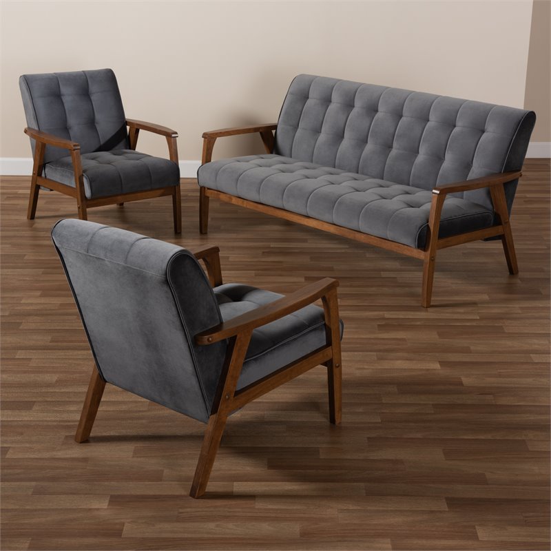 Bowery Hill Grey Velvet Upholstered Wood 3-Piece Living Room Set
