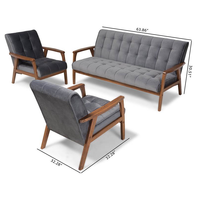 Bowery Hill Grey Velvet Upholstered Wood 3-Piece Living Room Set