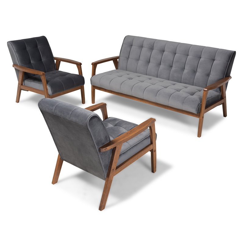 Bowery Hill Grey Velvet Upholstered Wood 3-Piece Living Room Set