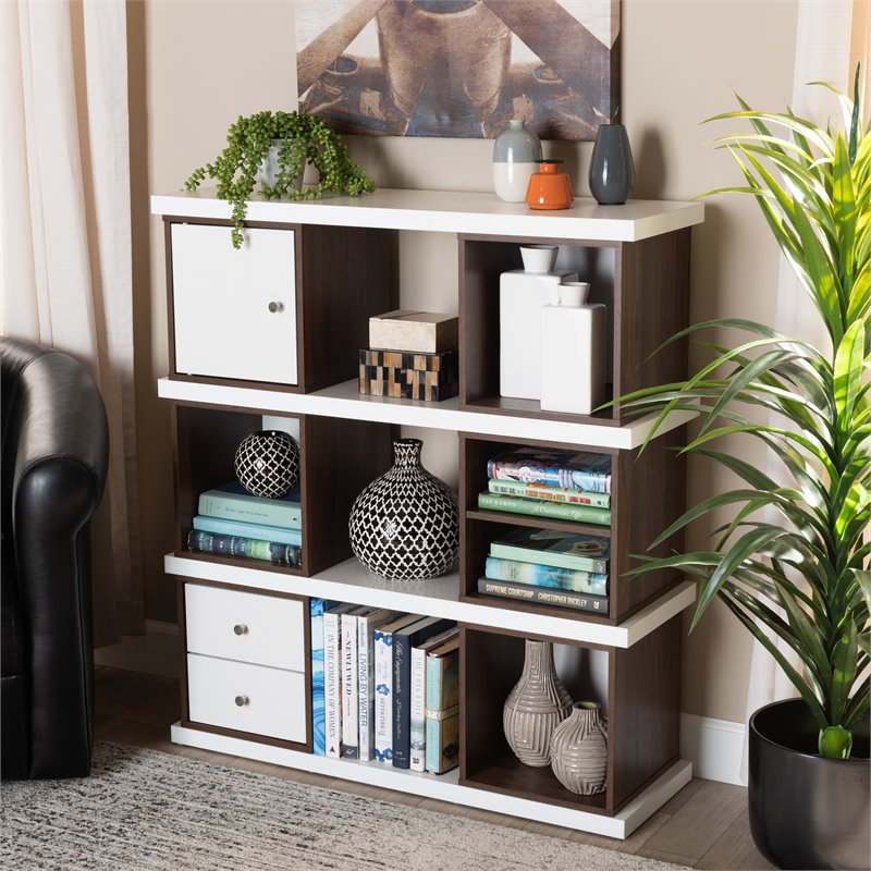 Bowery Hill Modern Two-Tone White and Walnut Finished 2-Drawer Bookcase