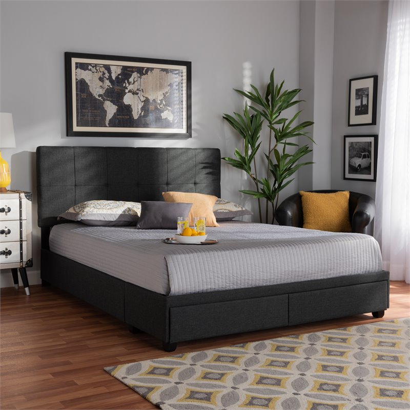 Bowery Hill Modern Fabric Tufted Platform Storage Queen Bed in Dark Gray