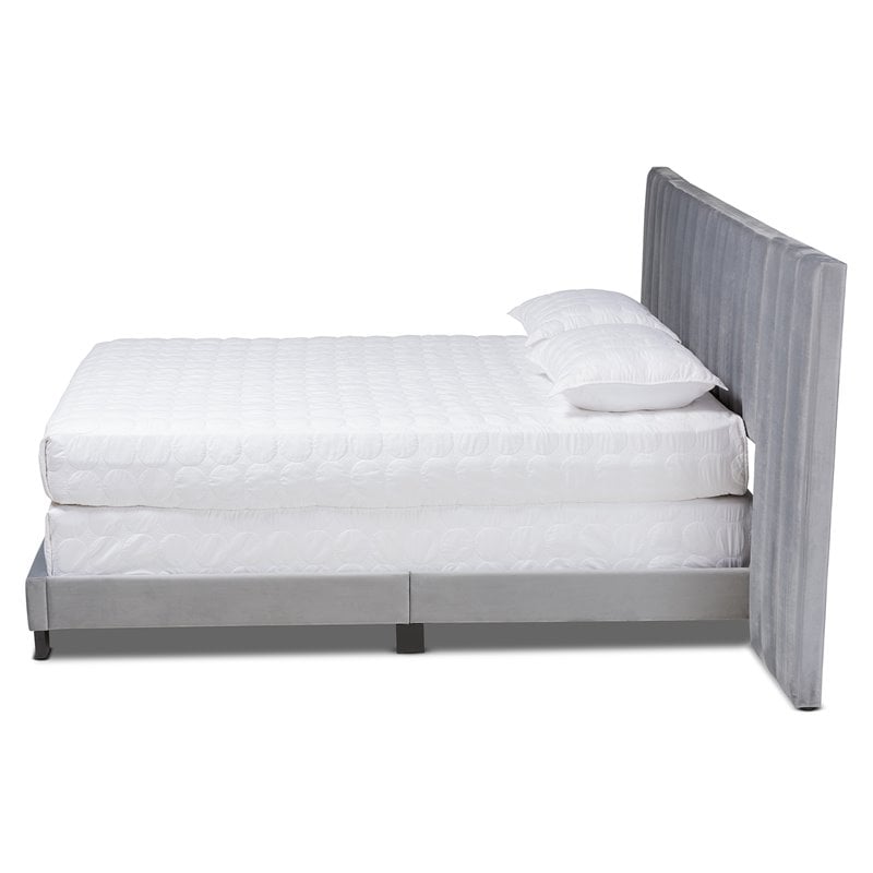Bowery Hill Contemporary Velvet King Size Panel Bed w/ Tufted Headboard in Gray