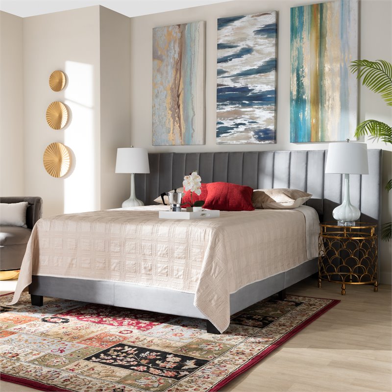 Bowery Hill Contemporary Velvet King Size Panel Bed w/ Tufted Headboard in Gray