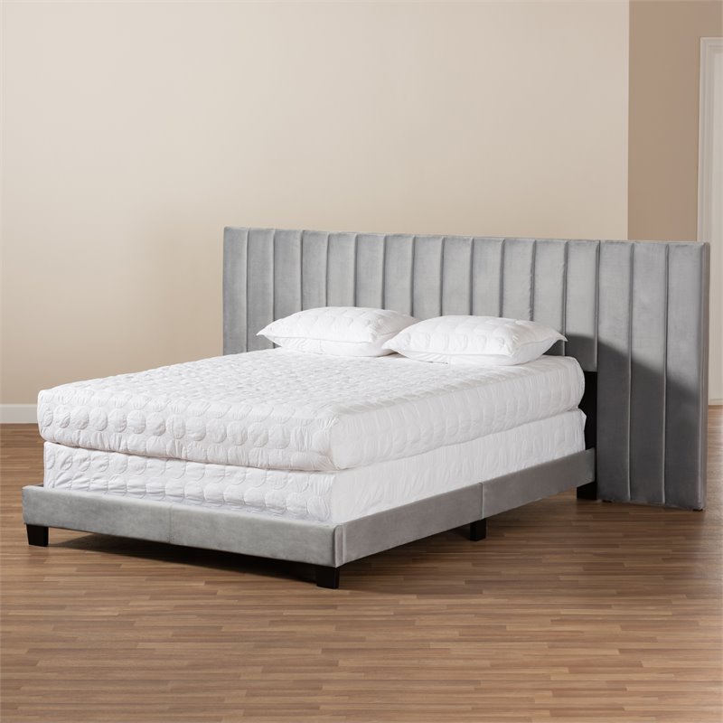 Bowery Hill Contemporary Velvet King Size Panel Bed w/ Tufted Headboard in Gray