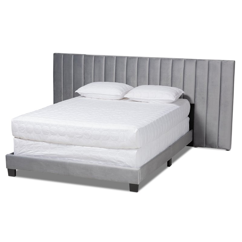 Bowery Hill Contemporary Velvet King Size Panel Bed w/ Tufted Headboard in Gray