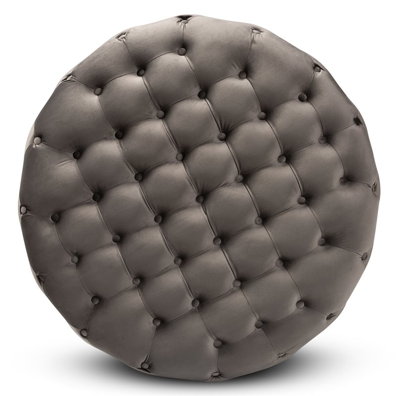 Bowery Hill Gray Velvet Upholstered Gold Finished Cocktail Ottoman