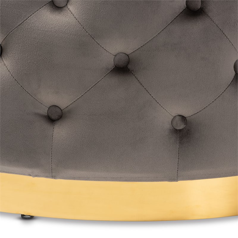 Bowery Hill Gray Velvet Upholstered Gold Finished Cocktail Ottoman
