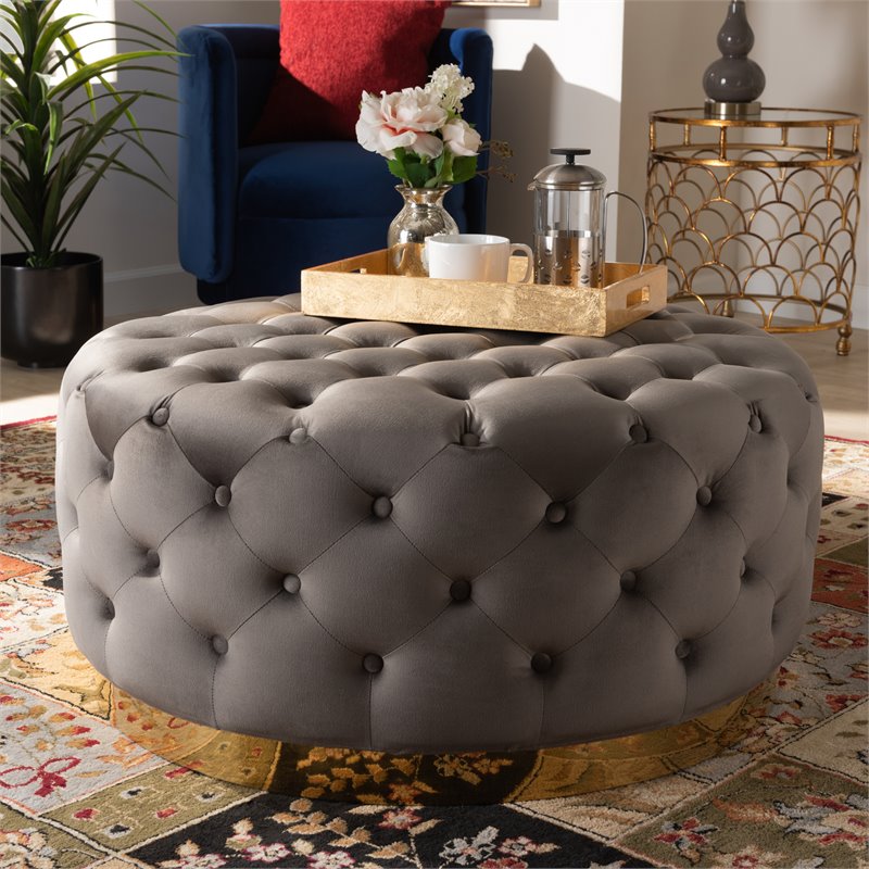 Bowery Hill Gray Velvet Upholstered Gold Finished Cocktail Ottoman