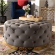 Bowery Hill Gray Velvet Upholstered Gold Finished Cocktail Ottoman