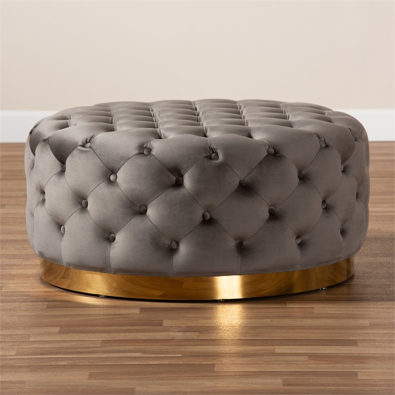 Bowery Hill Gray Velvet Upholstered Gold Finished Cocktail Ottoman