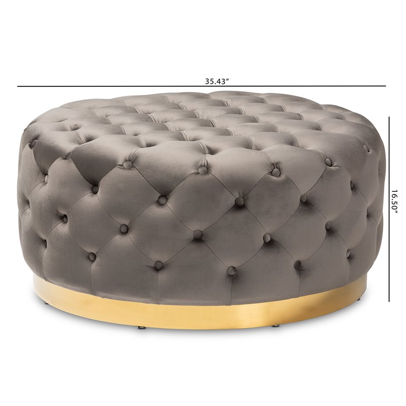Bowery Hill Gray Velvet Upholstered Gold Finished Cocktail Ottoman