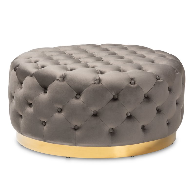 Bowery Hill Gray Velvet Upholstered Gold Finished Cocktail Ottoman