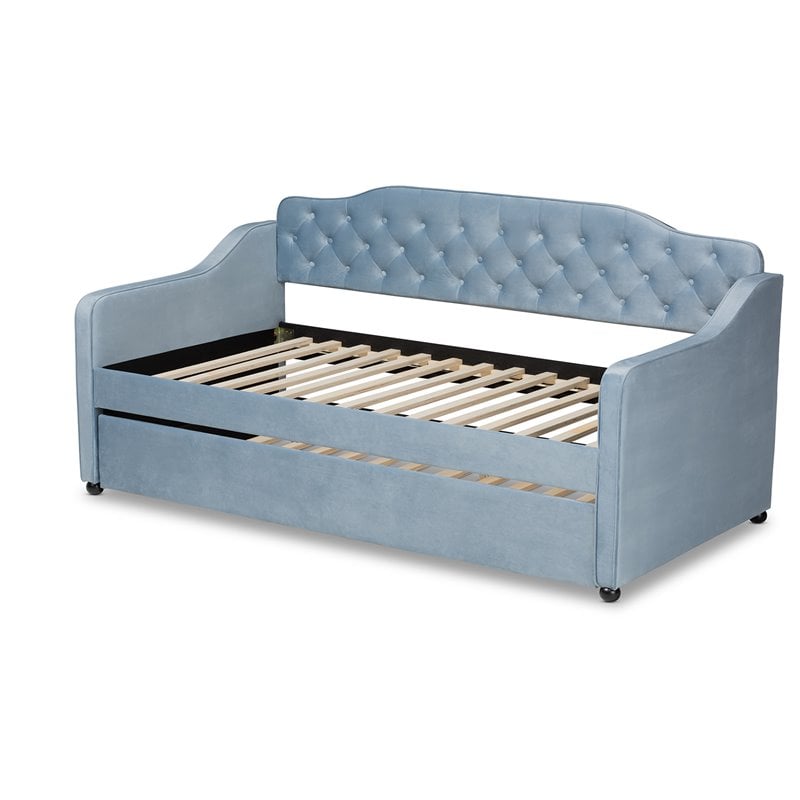 Bowery Hill Traditional Velvet Twin Size Tufted Daybed with Trundle in Blue