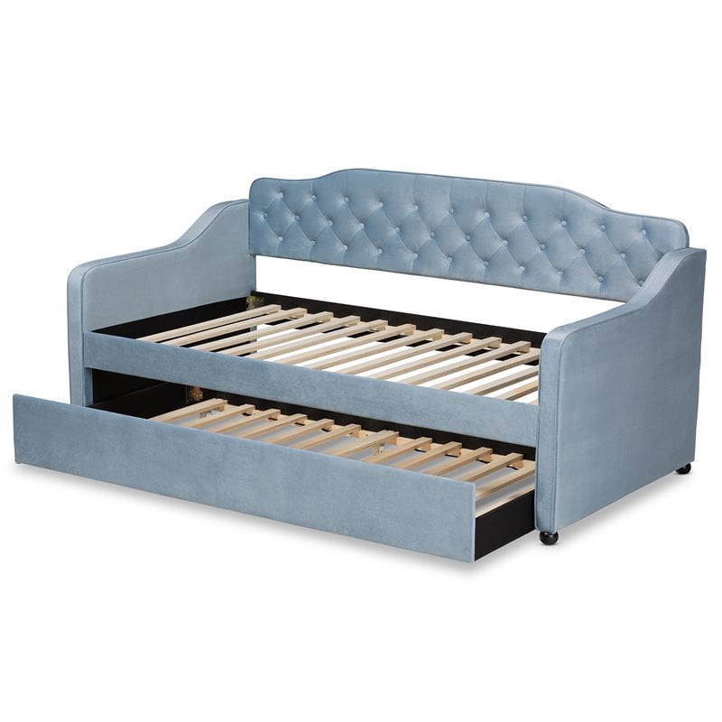 Bowery Hill Traditional Velvet Twin Size Tufted Daybed with Trundle in Blue