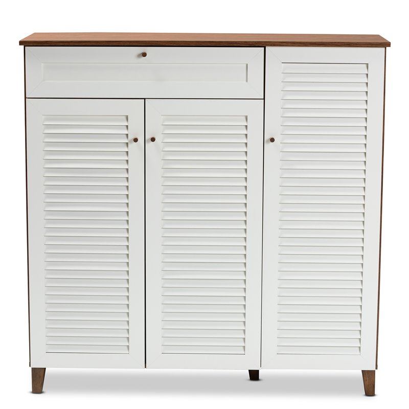 Bowery Hill Walnut Finished 11-Shelf Wood Shoe Cabinet with Drawer