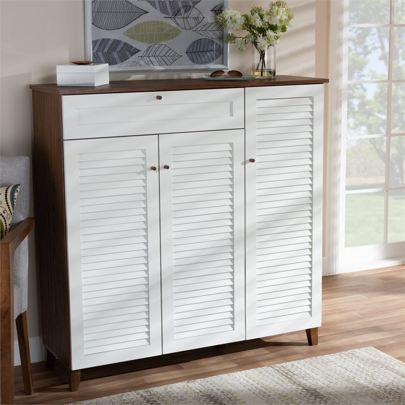 Bowery Hill Walnut Finished 11-Shelf Wood Shoe Cabinet with Drawer