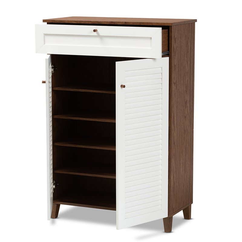 Bowery Hill White and Walnut 5-Shelf Wood Shoe Cabinet with Drawer