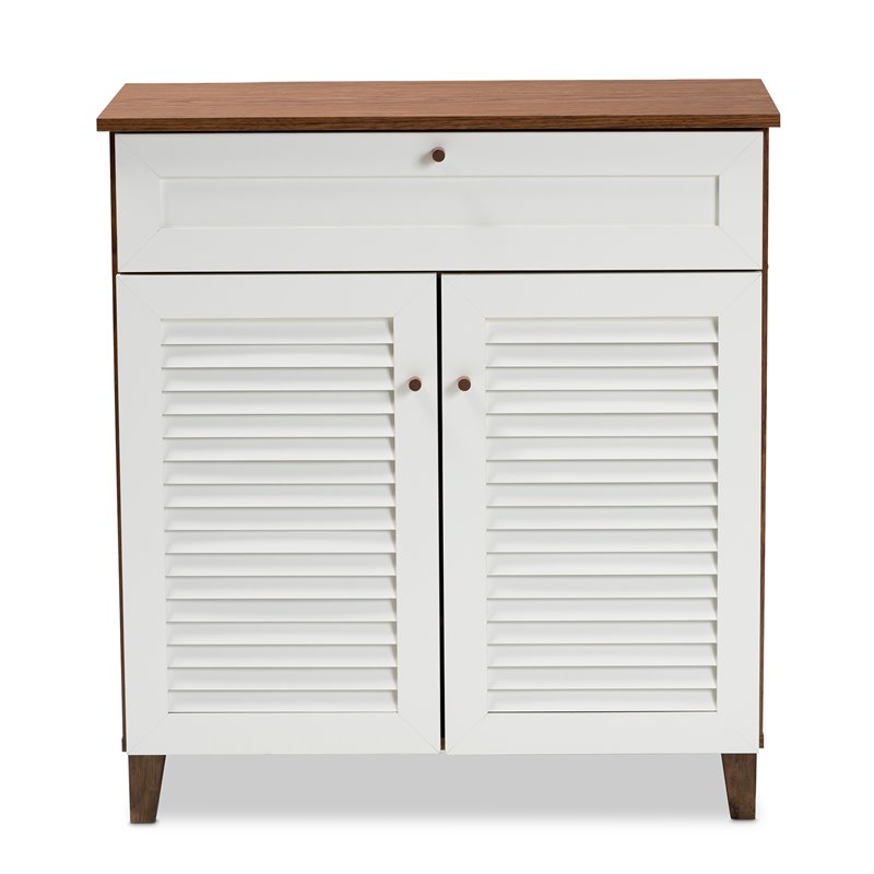 Bowery Hill White and Walnut 4-Shelf Wood Shoe Cabinet with Drawer