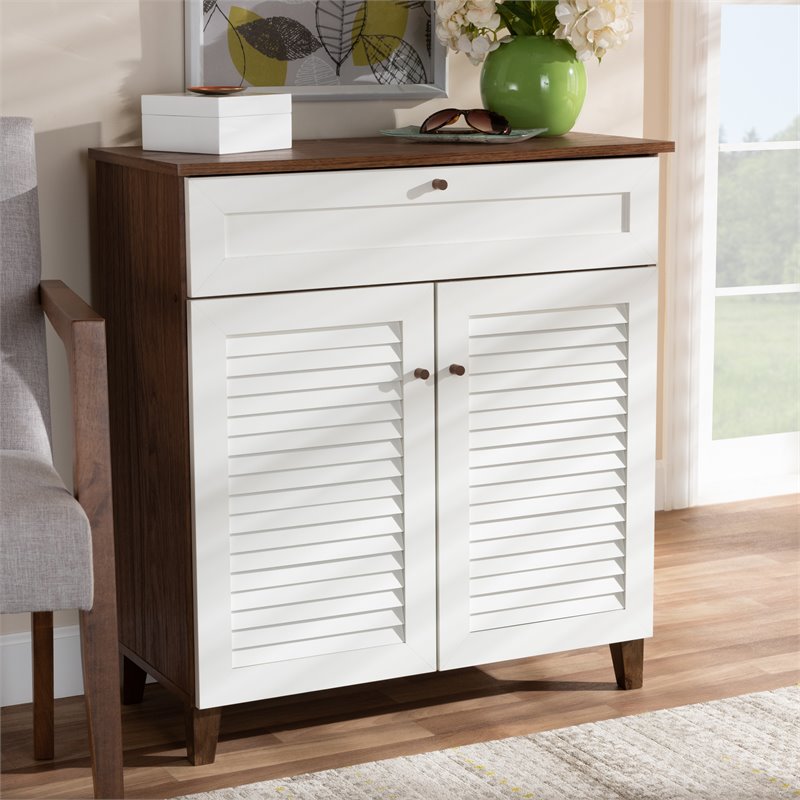 Bowery Hill White and Walnut 4-Shelf Wood Shoe Cabinet with Drawer