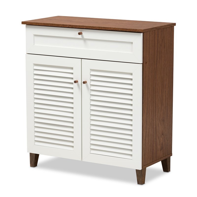 Bowery Hill White and Walnut 4-Shelf Wood Shoe Cabinet with Drawer