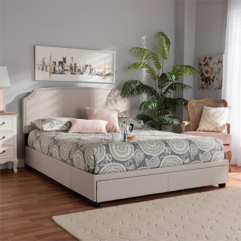 Bowery Hill Upholstered Modern Fabric Platform Storage Queen Bed in Beige