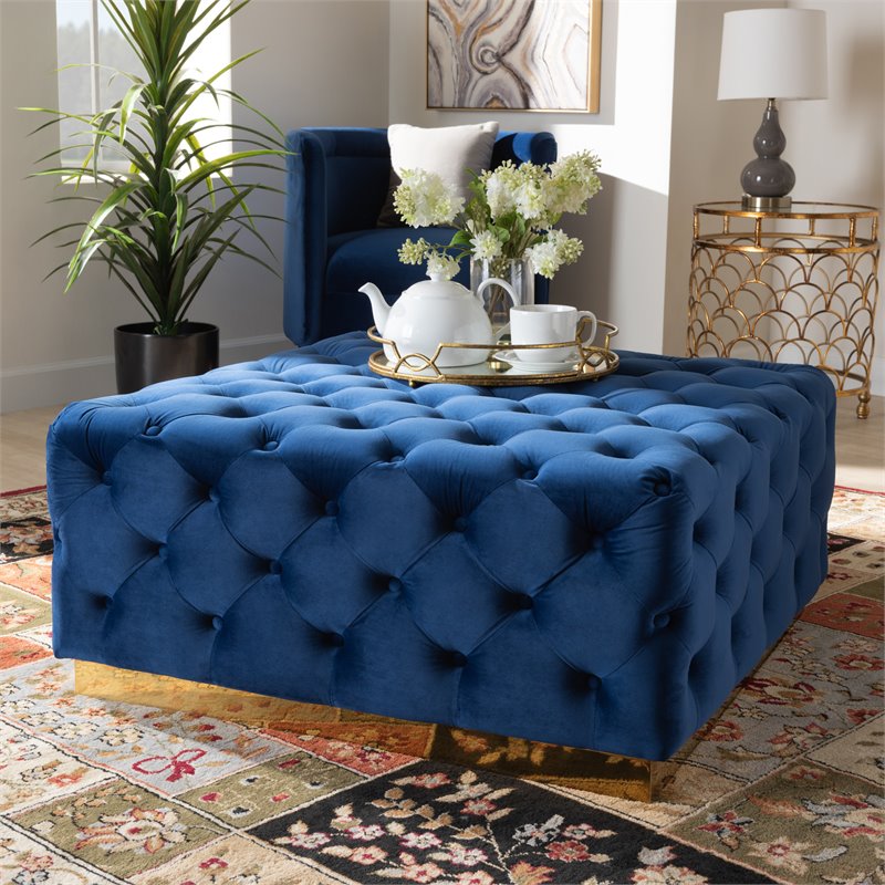 Bowery Hill Royal Blue Velvet Gold Finished Square Cocktail Ottoman