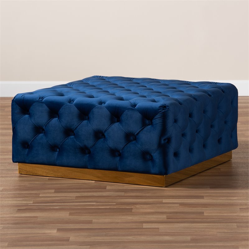 Bowery Hill Royal Blue Velvet Gold Finished Square Cocktail Ottoman