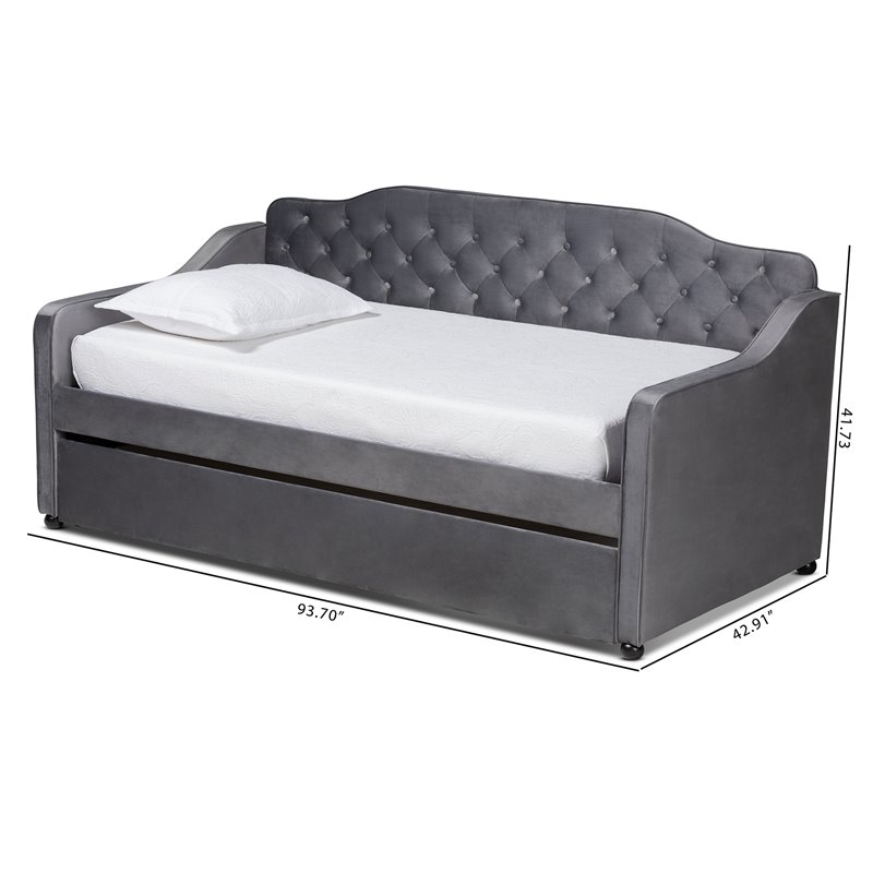 Bowery Hill Traditional Velvet Twin Size Button Tufted Daybed w/ Trundle in Gray