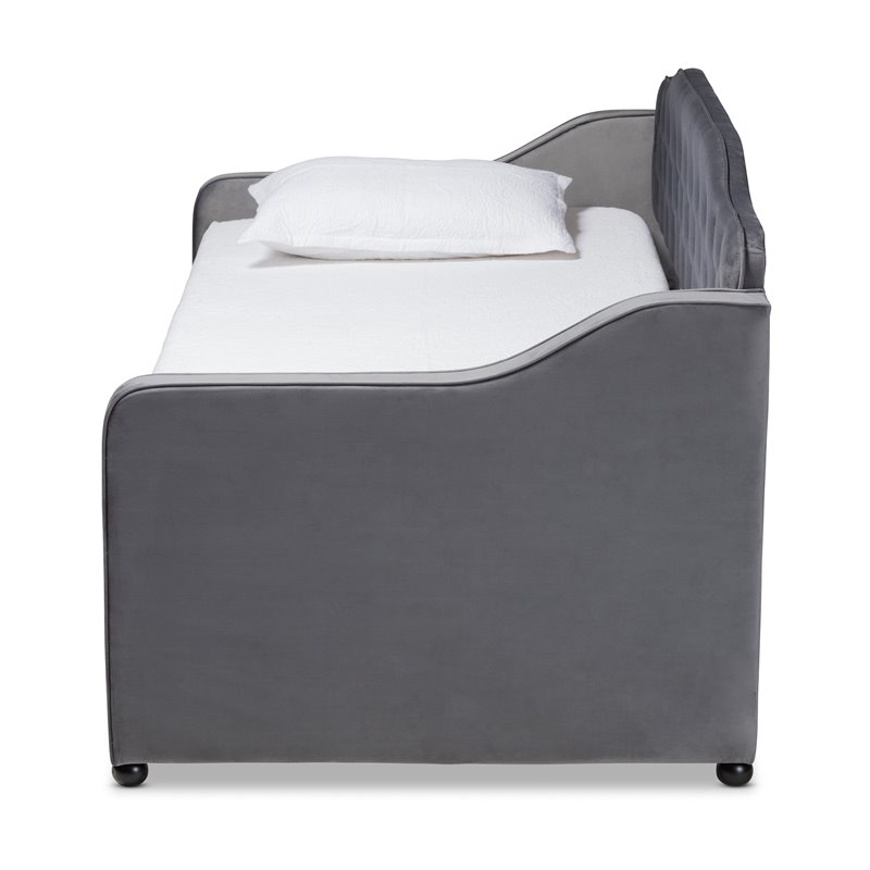 Bowery Hill Traditional Velvet Twin Size Button Tufted Daybed w/ Trundle in Gray