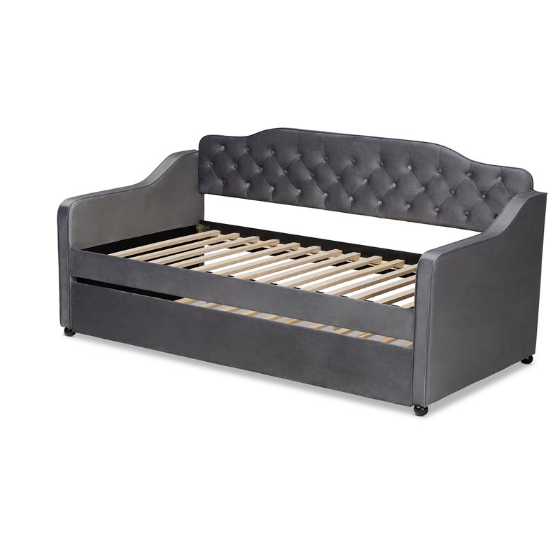 Bowery Hill Traditional Velvet Twin Size Button Tufted Daybed w/ Trundle in Gray