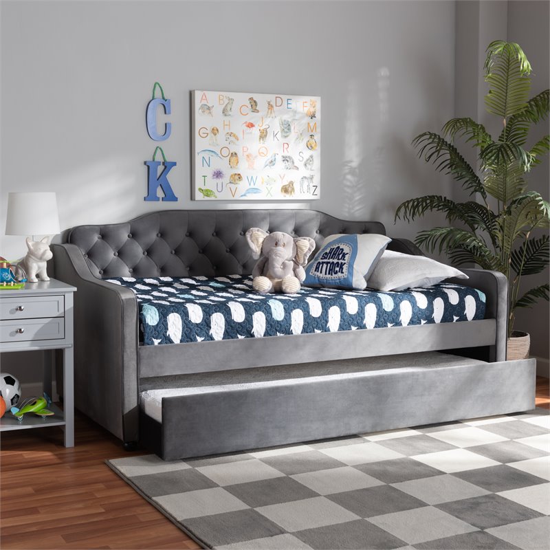 Bowery Hill Traditional Velvet Twin Size Button Tufted Daybed w/ Trundle in Gray
