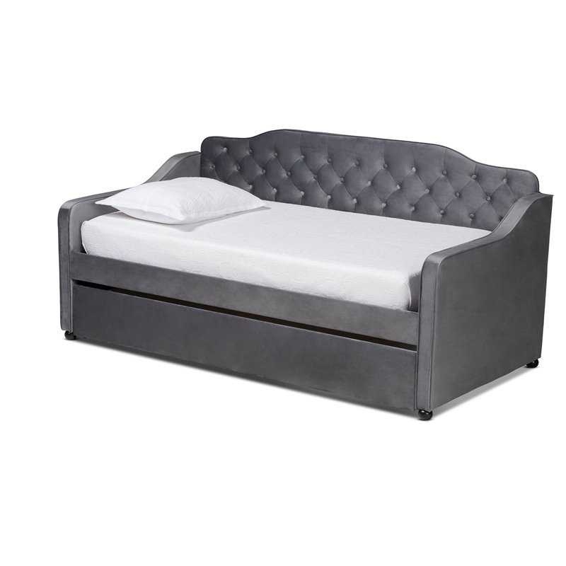 Bowery Hill Traditional Velvet Twin Size Button Tufted Daybed w/ Trundle in Gray