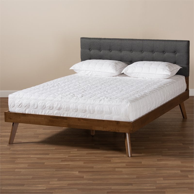 Bowery Hill King Size Dark Gray Fabric Walnut Finished Platform Bed