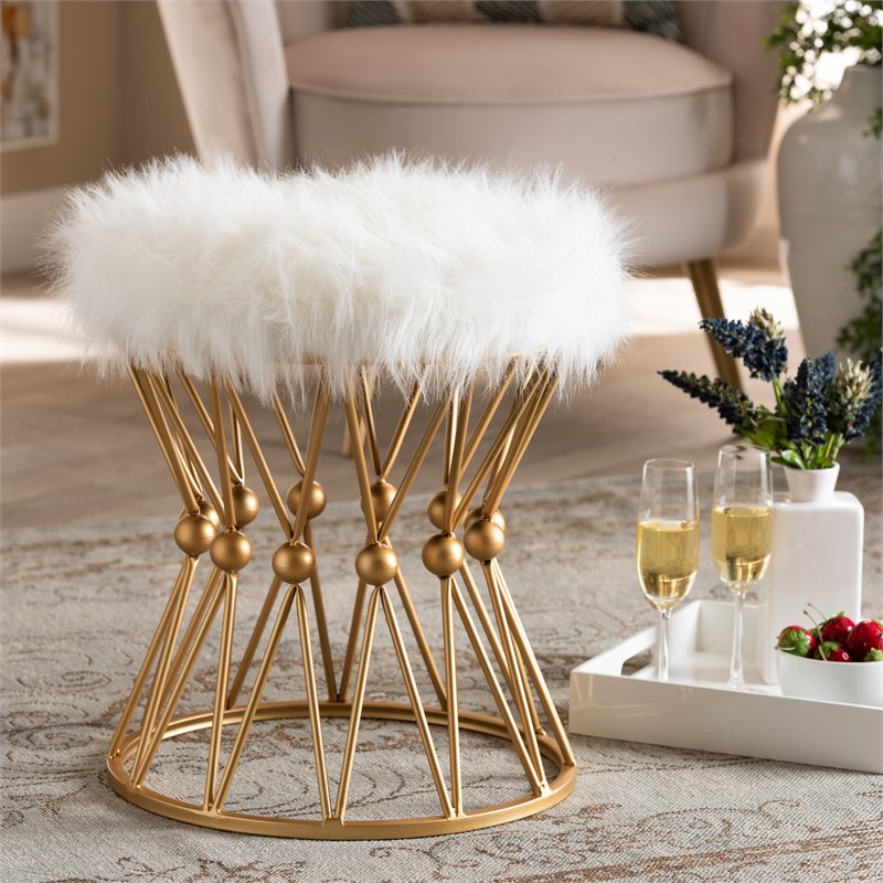 Bowery Hill Modern Faux Fur Upholstered Gold Finish Metal Ottoman in White