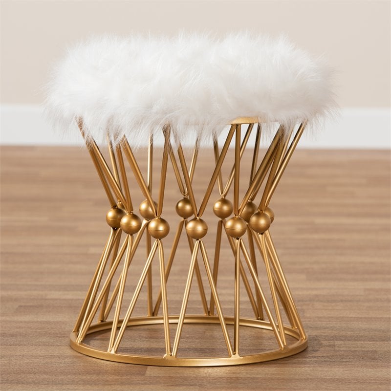 Bowery Hill Modern Faux Fur Upholstered Gold Finish Metal Ottoman in White