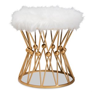 Bowery Hill Modern Faux Fur Upholstered Gold Finish Metal Ottoman in White