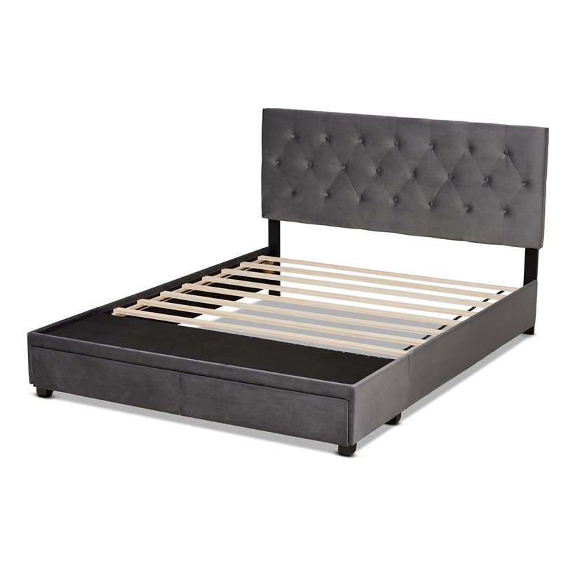 Bowery Hill Modern Velvet Tufted Platform Storage Queen Bed in Gray