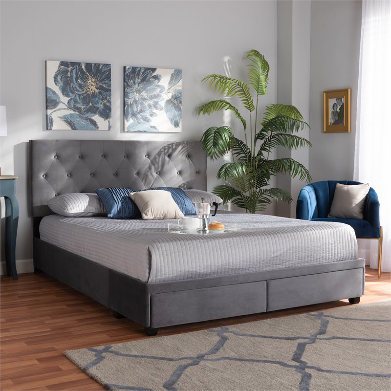 Bowery Hill Modern Velvet Tufted Platform Storage Queen Bed in Gray