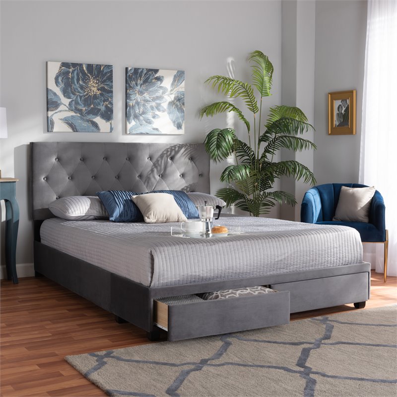 Bowery Hill Modern Velvet Tufted Platform Storage Queen Bed in Gray